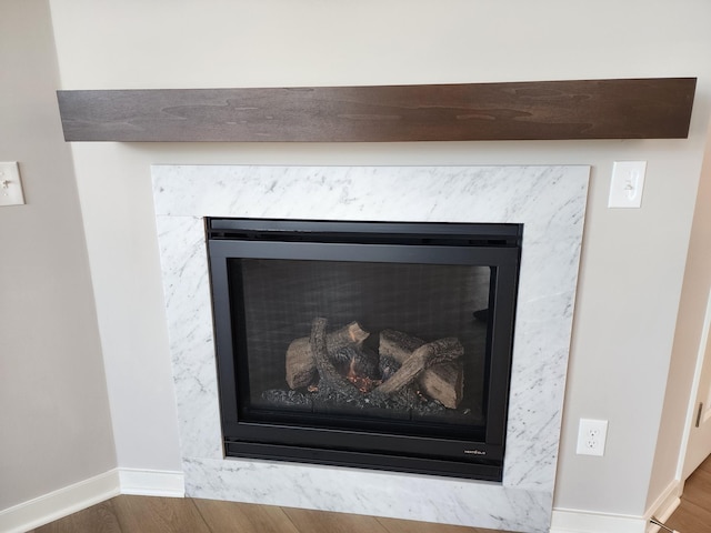 details with hardwood / wood-style flooring and a high end fireplace