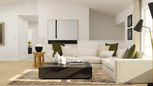 living room featuring light wood-type flooring and lofted ceiling