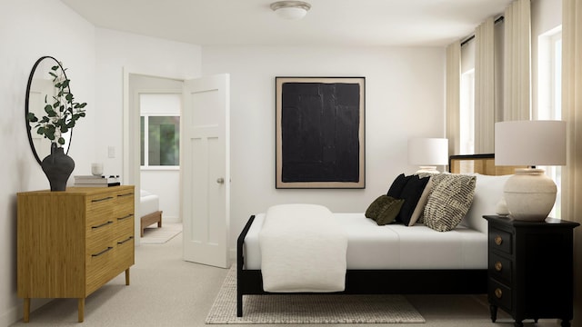 bedroom featuring light colored carpet