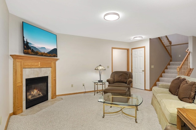 living room with light carpet and a fireplace