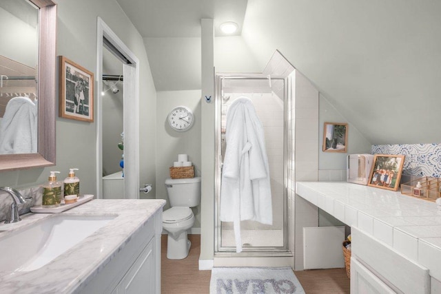 bathroom featuring vanity, lofted ceiling, toilet, and a stall shower