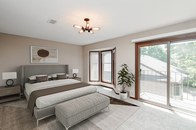 bedroom with ceiling fan with notable chandelier, access to outside, and carpet flooring