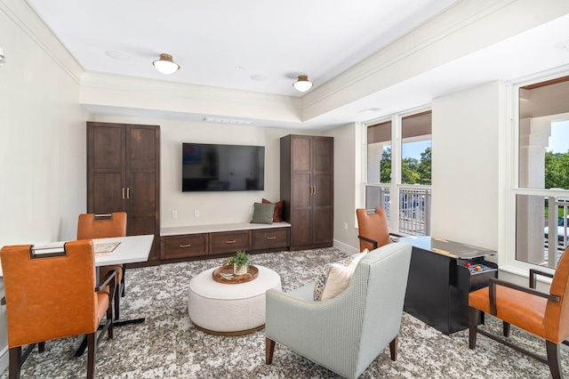 living room featuring light carpet