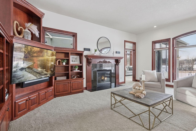 living room with carpet floors and a textured ceiling