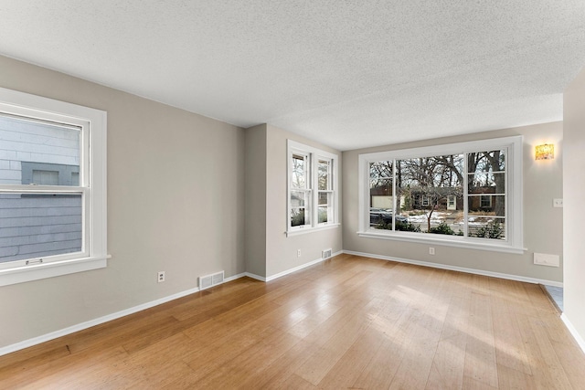 empty room featuring a wealth of natural light, light hardwood / wood-style floors, and a textured ceiling