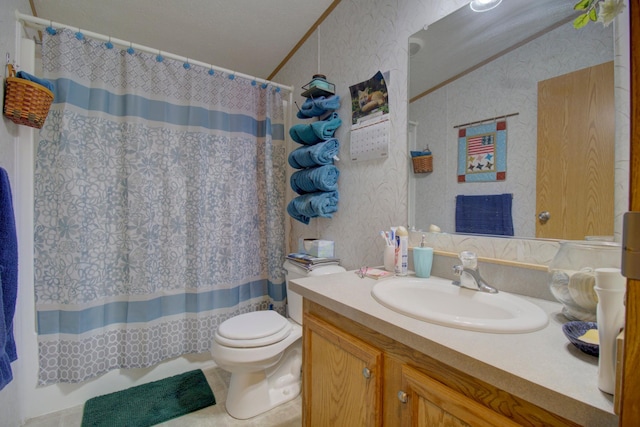 bathroom featuring toilet, vanity, and walk in shower