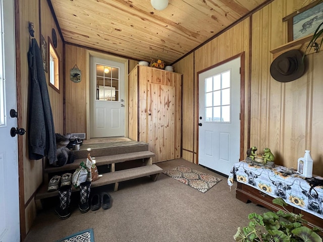 mudroom featuring carpet, wood walls, and wood ceiling