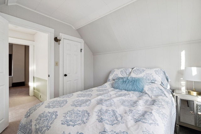 bedroom with lofted ceiling and carpet flooring