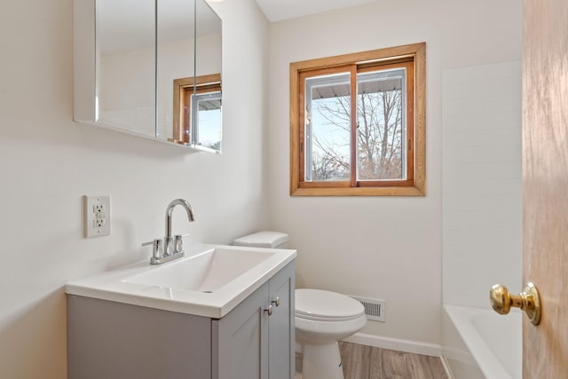 bathroom featuring toilet, vanity, and hardwood / wood-style flooring