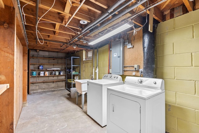 laundry room featuring washer and dryer, sink, and electric panel