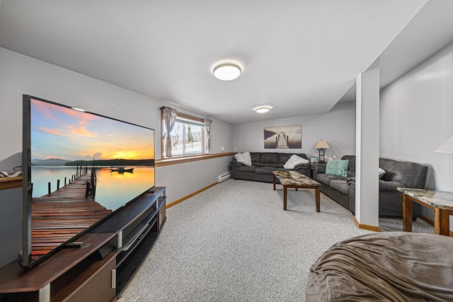 living room featuring a baseboard radiator, carpet floors, and baseboards