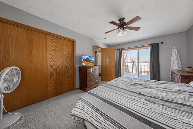 bedroom featuring a closet, access to outside, a textured ceiling, and carpet