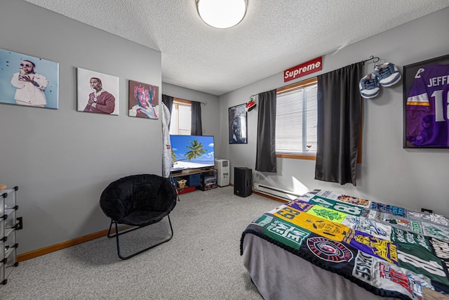 carpeted bedroom featuring a textured ceiling and baseboard heating
