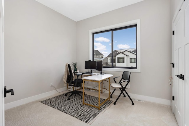 home office featuring light carpet