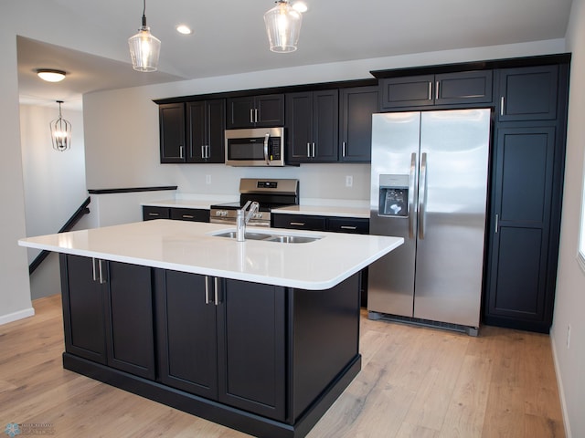 kitchen with pendant lighting, an island with sink, sink, stainless steel appliances, and light wood-type flooring