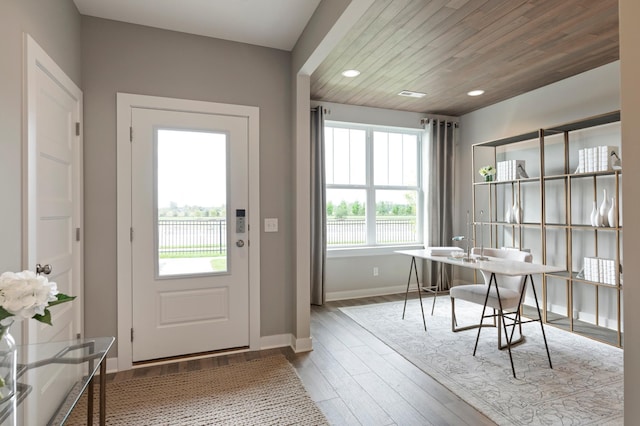 interior space featuring wooden ceiling and light wood-type flooring