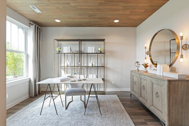 interior space with dark wood-type flooring and wood ceiling