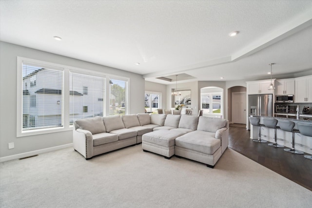 living room featuring a textured ceiling, a raised ceiling, and sink