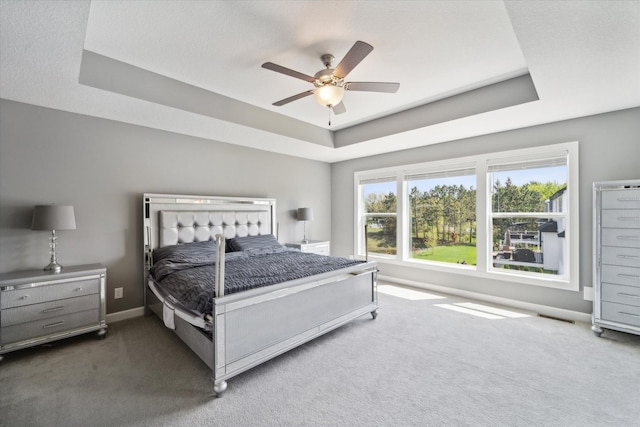 bedroom featuring ceiling fan, carpet, and a raised ceiling