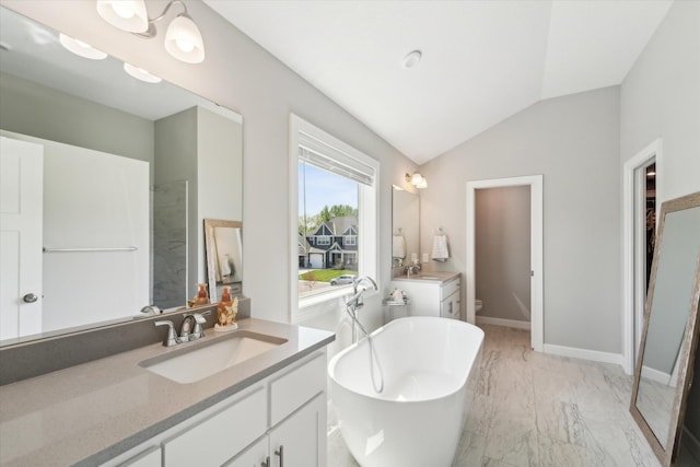 full bathroom with toilet, vanity, vaulted ceiling, and plus walk in shower