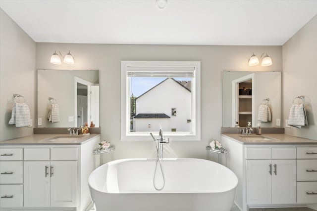 bathroom with vanity and a washtub