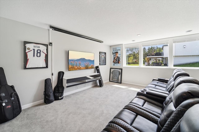 living room with light carpet and a textured ceiling