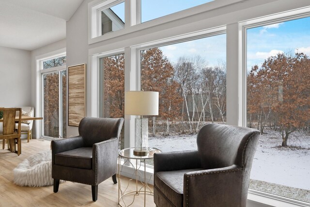 sitting room featuring light wood-type flooring and vaulted ceiling