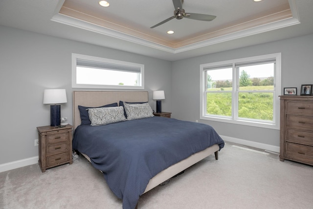 992 Southwell Enclave NE, Byron, MN 55920 - bedroom with baseboards, a tray ceiling, light colored carpet, and crown molding