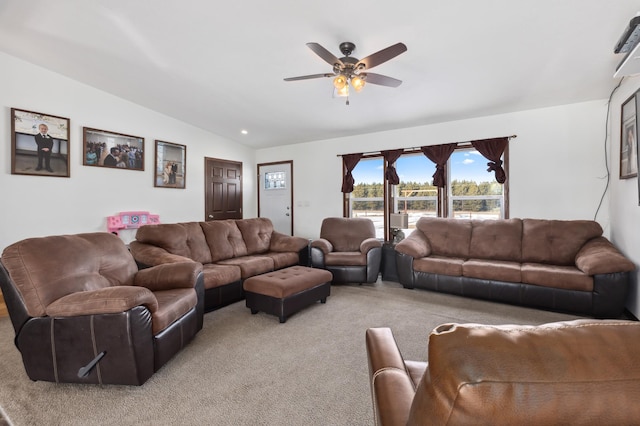 carpeted living room featuring vaulted ceiling and ceiling fan