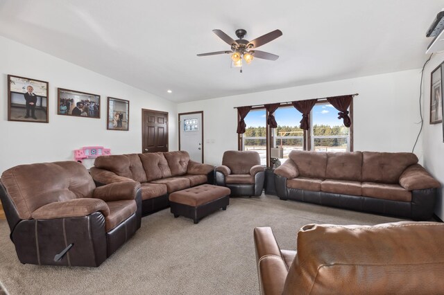 15743 County Road 31, Menahga, MN 56464 - living room featuring light carpet, lofted ceiling, and ceiling fan