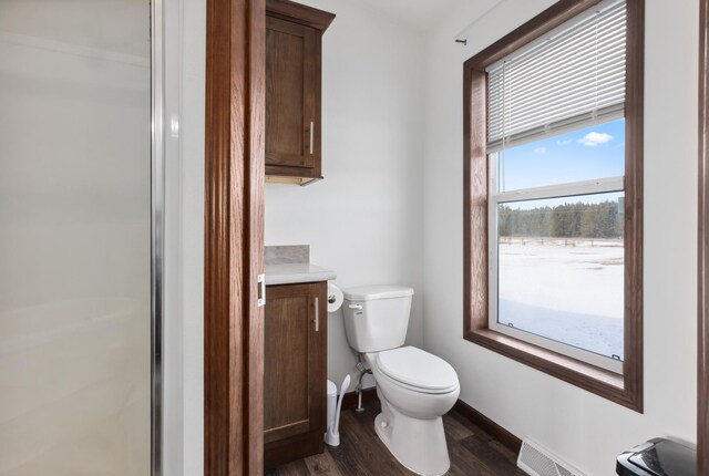 15743 County Road 31, Menahga, MN 56464 - bathroom with wood finished floors, toilet, baseboards, vanity, and a shower with shower door