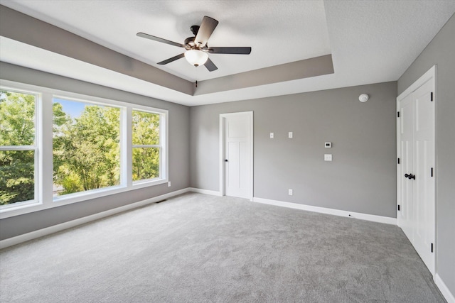 carpeted empty room with ceiling fan, a wealth of natural light, and a raised ceiling