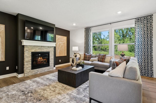 living room with hardwood / wood-style floors and a fireplace