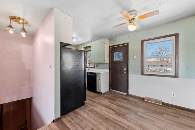 kitchen featuring sink, ceiling fan, black appliances, a textured ceiling, and light hardwood / wood-style flooring