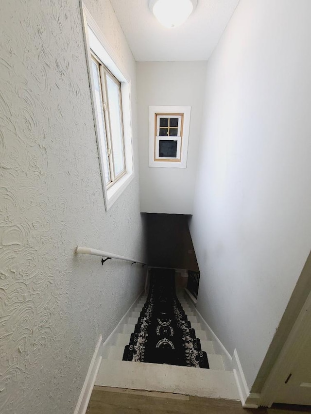 stairs with baseboards and wood finished floors