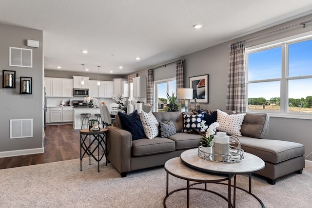 living room with dark wood-type flooring