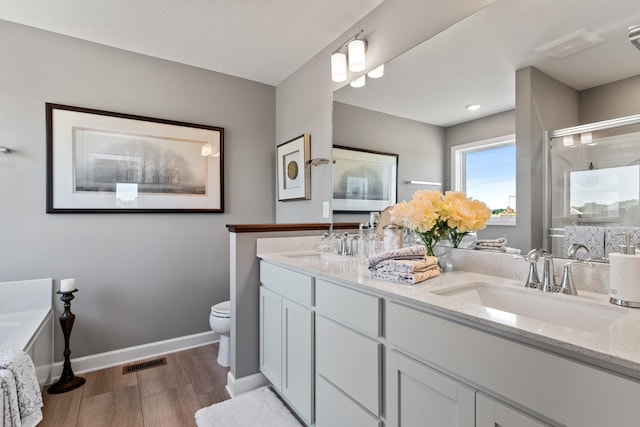 bathroom with a shower with shower door, vanity, and toilet