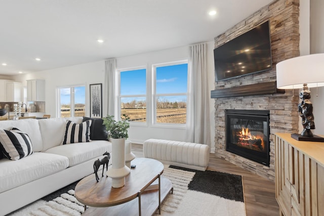 living room with dark wood-type flooring, a healthy amount of sunlight, and a fireplace