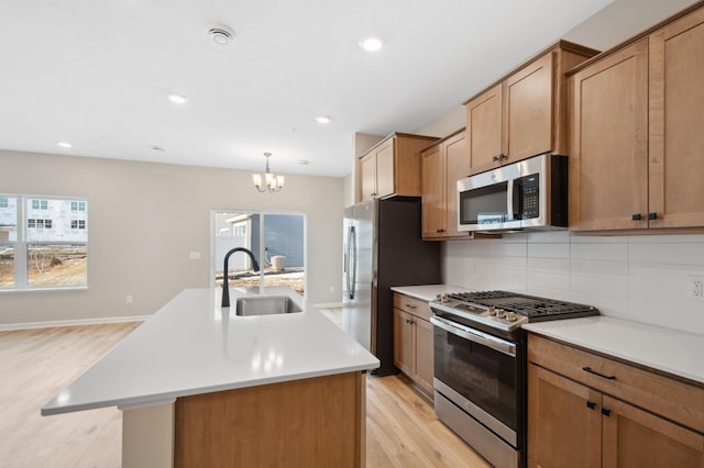 kitchen featuring plenty of natural light, sink, stainless steel appliances, and a kitchen island with sink