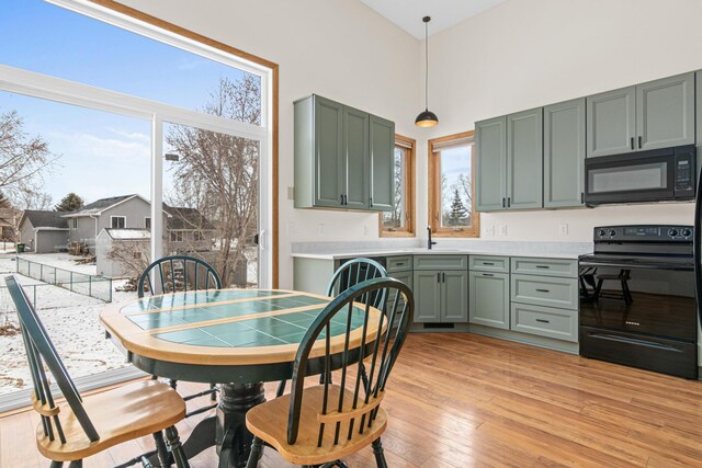 6462 Kingfisher Ct, Lino Lakes, MN 55014 - kitchen with black appliances, a sink, light wood-type flooring, light countertops, and hanging light fixtures