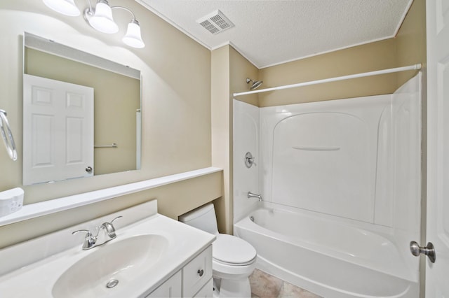 full bathroom with a textured ceiling, toilet, vanity, and shower / washtub combination