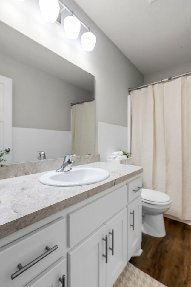 bathroom featuring toilet, vanity, and hardwood / wood-style floors