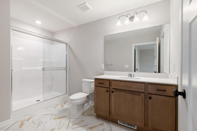 full bathroom featuring visible vents, toilet, marble finish floor, and a shower stall