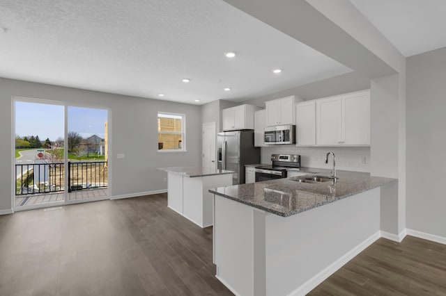 kitchen featuring appliances with stainless steel finishes, sink, dark stone countertops, white cabinets, and kitchen peninsula