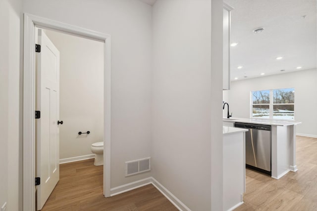 hall with sink and light hardwood / wood-style floors