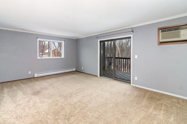 carpeted empty room with a baseboard radiator, crown molding, a textured ceiling, and a wall unit AC