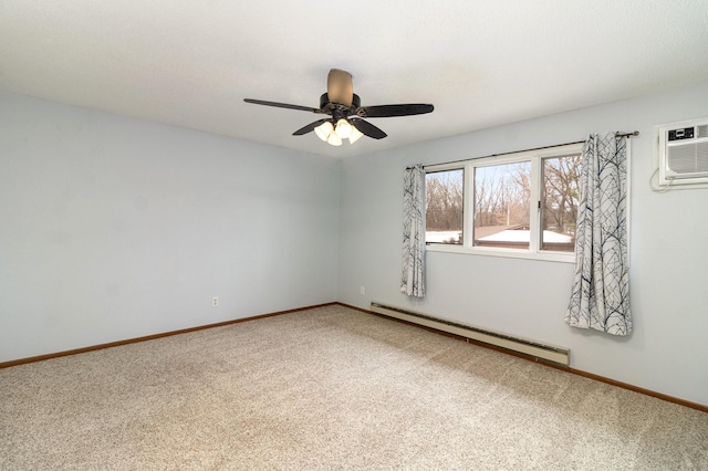 unfurnished room with a baseboard heating unit, ceiling fan, and carpet flooring