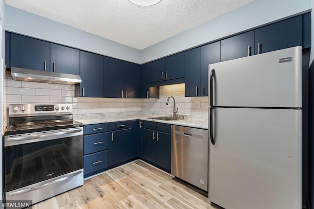 kitchen with blue cabinetry, sink, tasteful backsplash, light hardwood / wood-style flooring, and stainless steel appliances