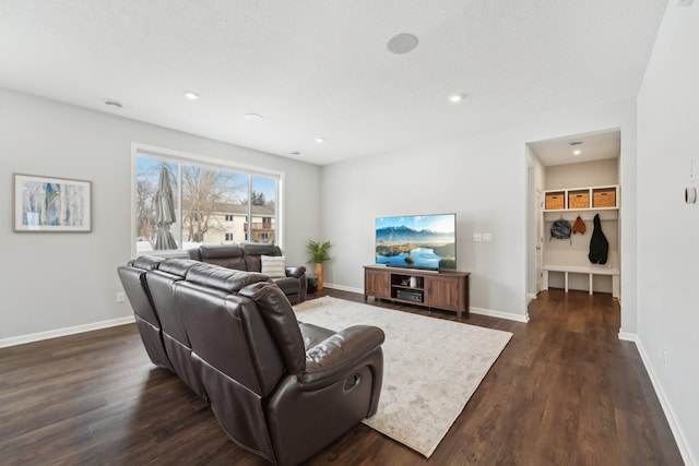 living room featuring dark wood-type flooring