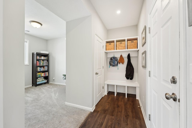 mudroom featuring dark carpet